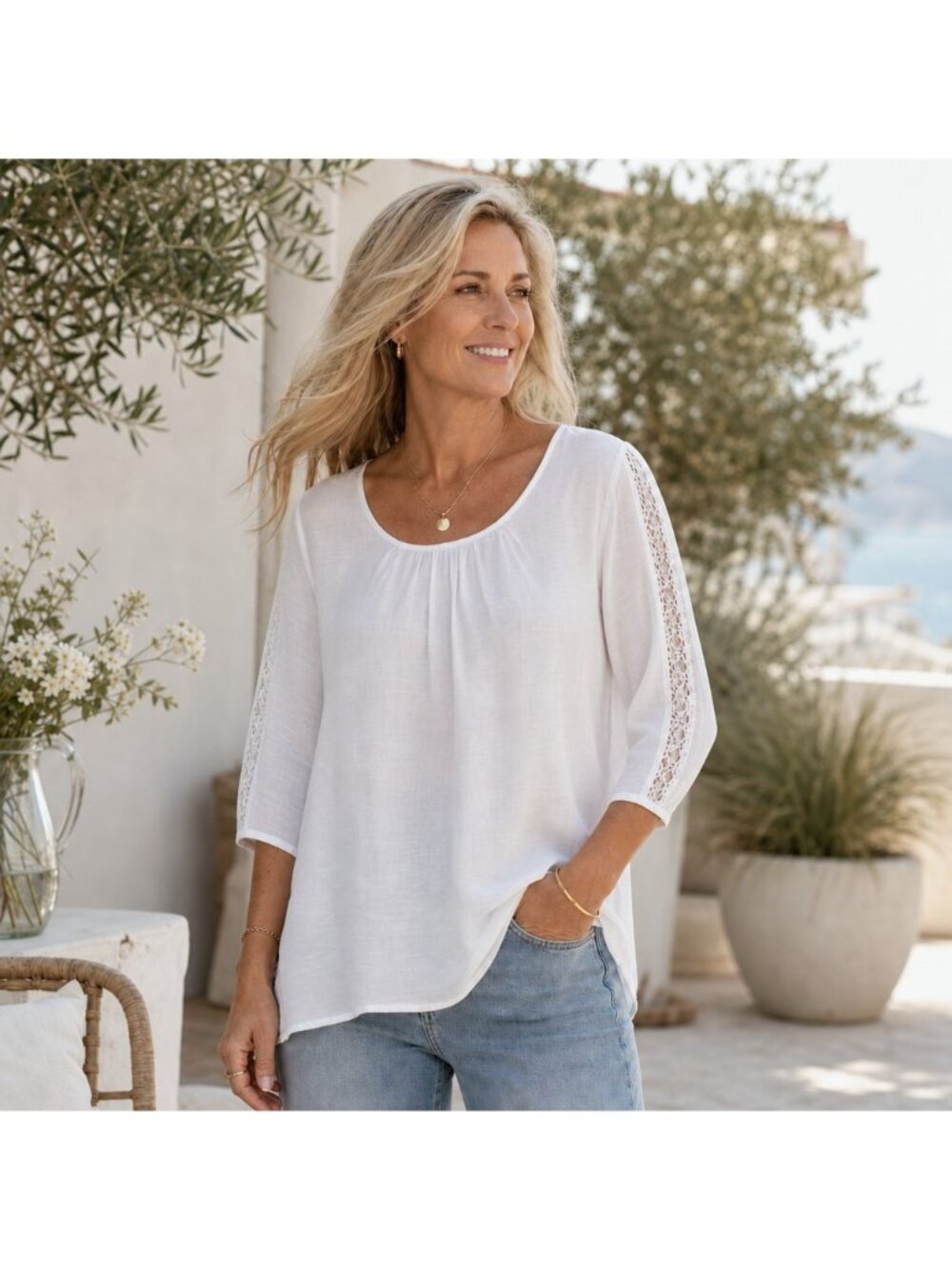 Unique Spectrum Gauzy Rayon Lace Cutout Sleeve Blouse XL White Coastal Boho NWT